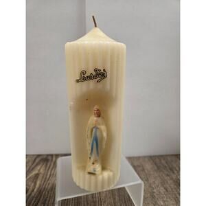 Lady of Lourdes Vintage Pillar Candle with 3D Wax Virgin Mary Antique